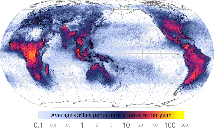 World Map of Frequency of lightning strikes – Wikipedia [NASA data]0
